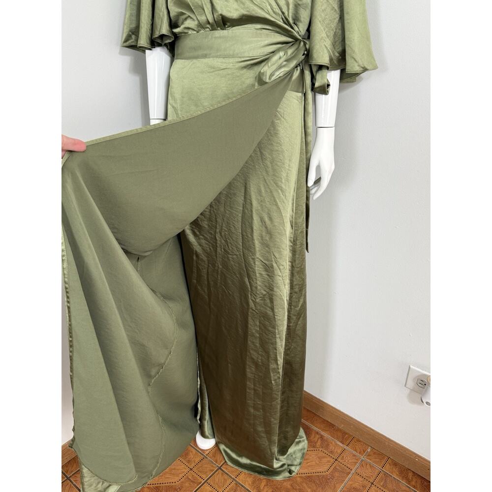 Six Stories Sage Green Satin Wrap Maxi Dress Women Uk 22 Flutter Sleeve Nwt $199 — image 7 of 8